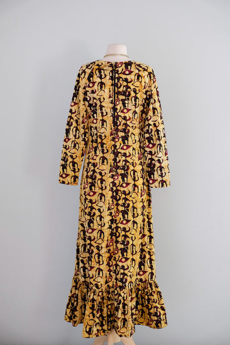 Striking 1970's Saffron Bird Print Batik Cotton Maxi Dress / ML