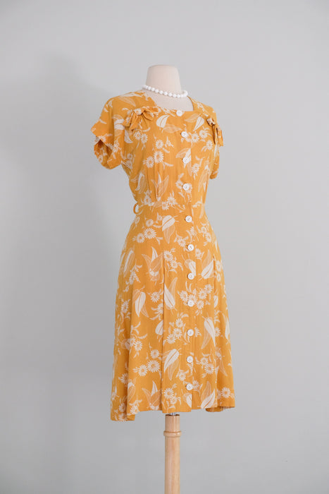 Vintage 1940's Marigold Yellow Floral Swing Dress by Dayton / S