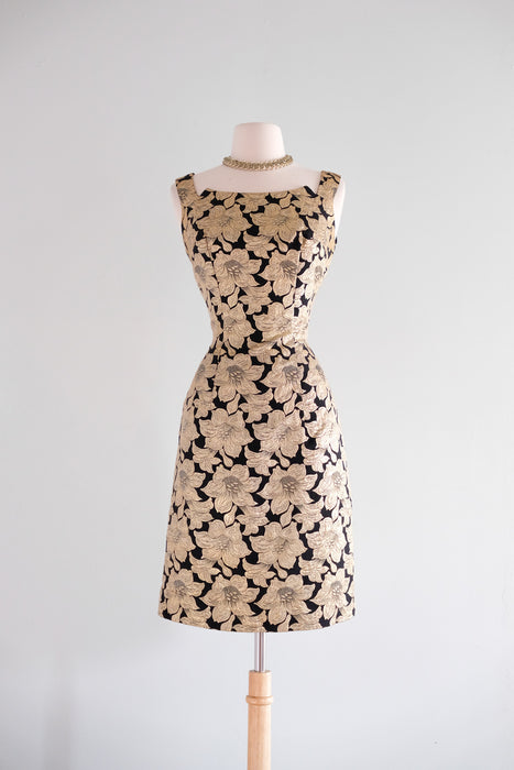 Vintage 1960's Black & Gold Brocade Floral Cocktail Dress / S