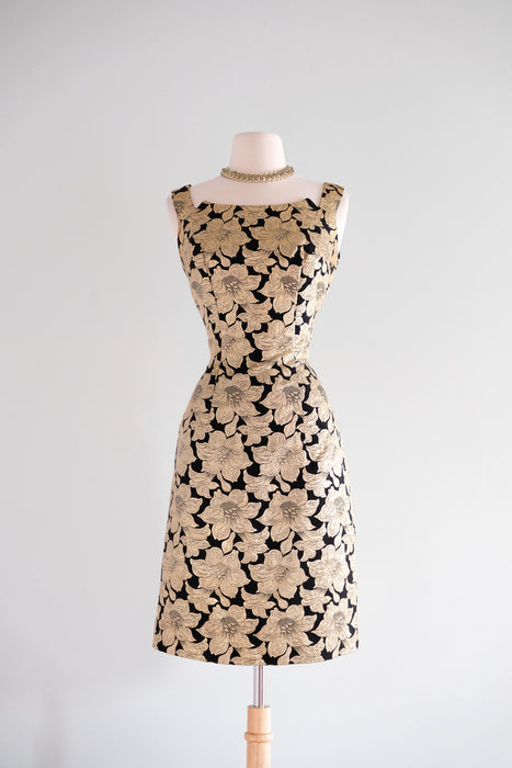 Vintage 1960's Black & Gold Brocade Floral Cocktail Dress / S