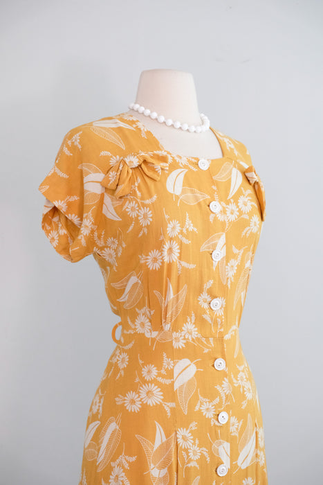 Vintage 1940's Marigold Yellow Floral Swing Dress by Dayton / S
