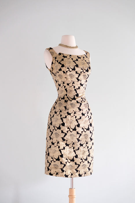 Vintage 1960's Black & Gold Brocade Floral Cocktail Dress / S