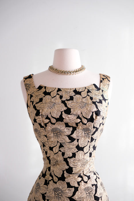 Vintage 1960's Black & Gold Brocade Floral Cocktail Dress / S