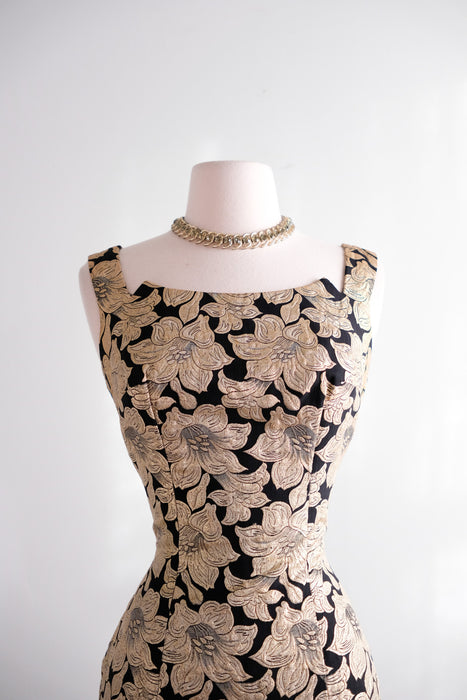 Vintage 1960's Black & Gold Brocade Floral Cocktail Dress / S