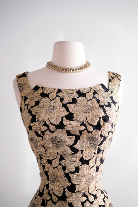 Vintage 1960's Black & Gold Brocade Floral Cocktail Dress / S