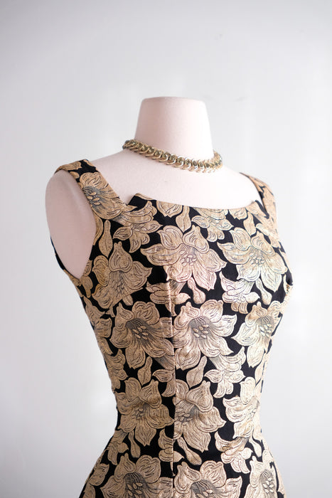 Vintage 1960's Black & Gold Brocade Floral Cocktail Dress / S