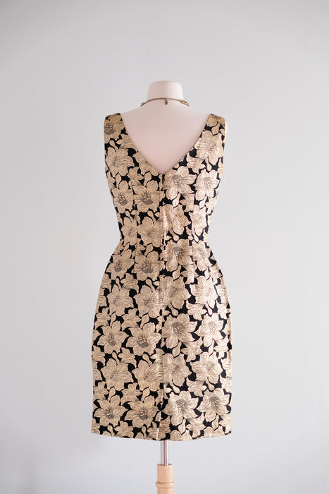 Vintage 1960's Black & Gold Brocade Floral Cocktail Dress / S