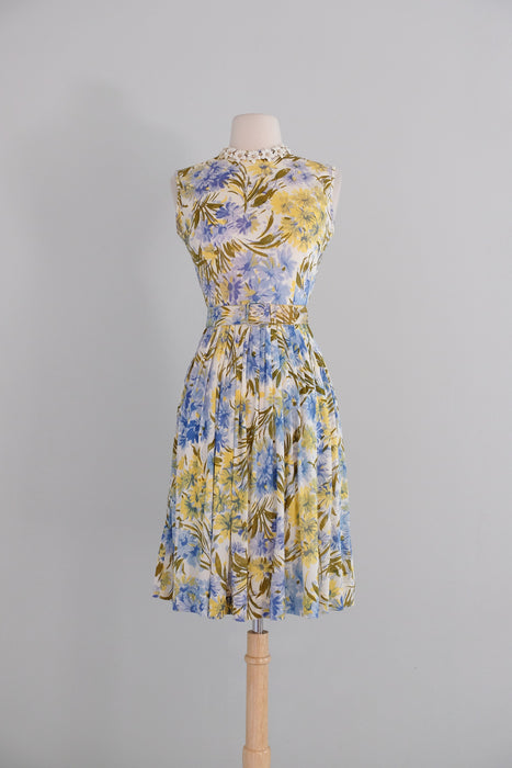 Vintage 1960's Blue & Yellow Daisy Bouquet Summer Dress / XS
