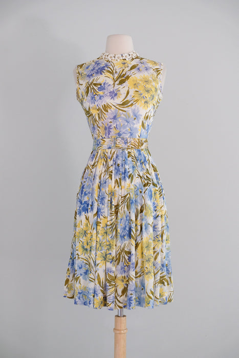 Vintage 1960's Blue & Yellow Daisy Bouquet Summer Dress / XS