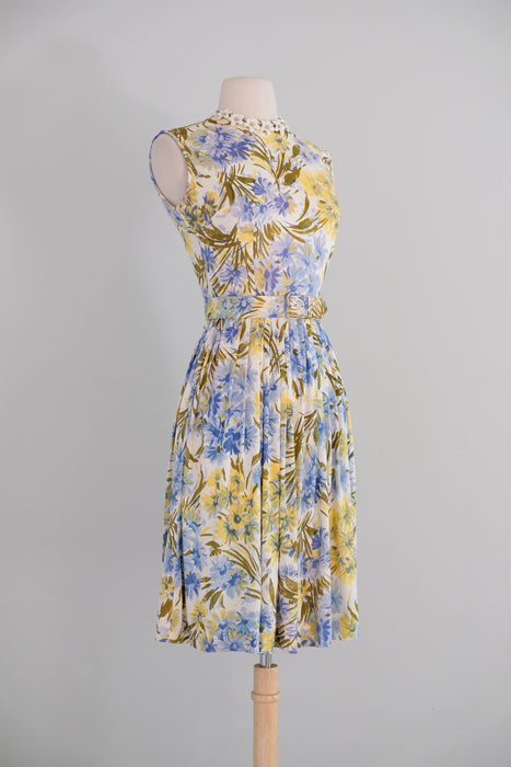 Vintage 1960's Blue & Yellow Daisy Bouquet Summer Dress / XS
