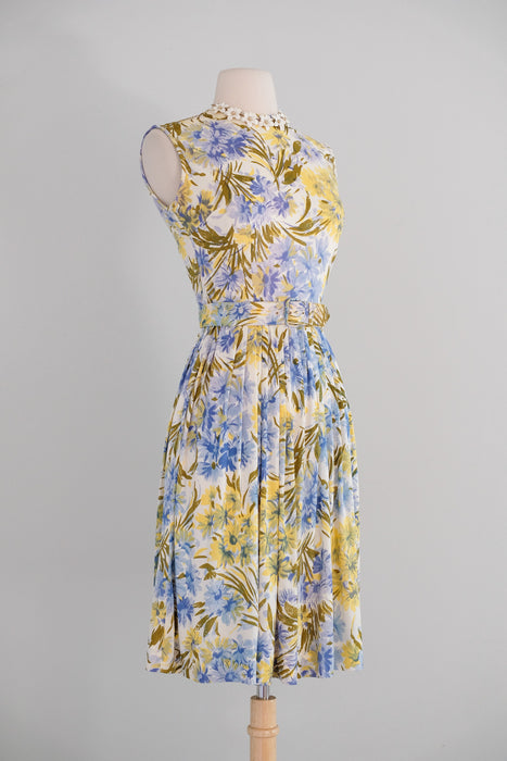 Vintage 1960's Blue & Yellow Daisy Bouquet Summer Dress / XS