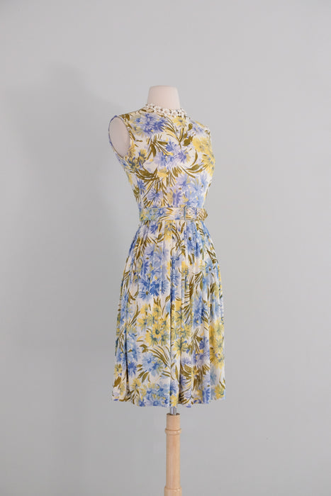 Vintage 1960's Blue & Yellow Daisy Bouquet Summer Dress / XS
