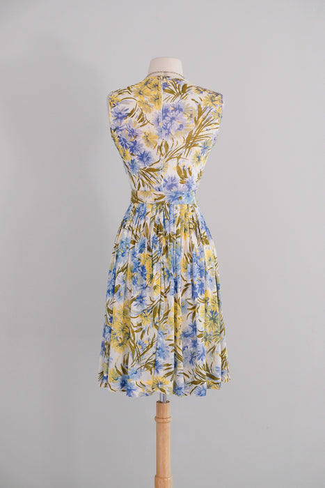 Vintage 1960's Blue & Yellow Daisy Bouquet Summer Dress / XS