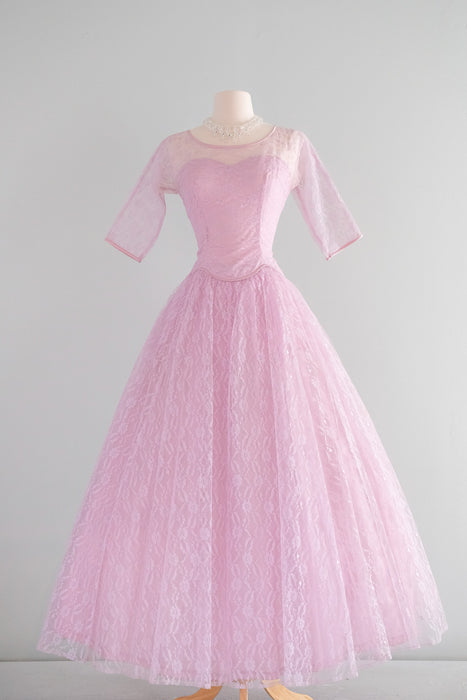 Delightful 1950's Lavender Pink Lace Evening Dress by Lorrie Deb / Sz S