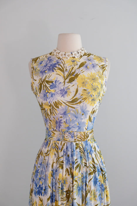Vintage 1960's Blue & Yellow Daisy Bouquet Summer Dress / XS