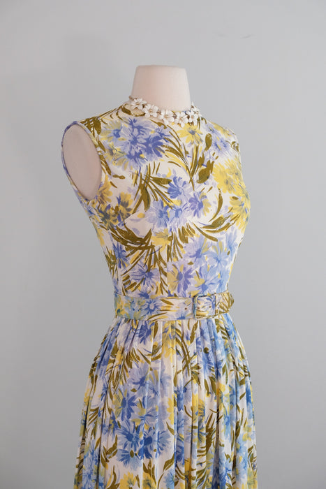 Vintage 1960's Blue & Yellow Daisy Bouquet Summer Dress / XS