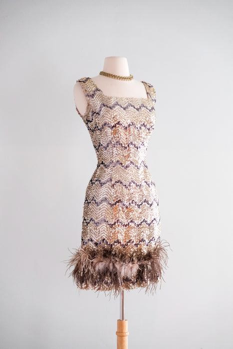 Vintage 1960's Zig-Zag Feather & Sequin Cocktail Dress / S