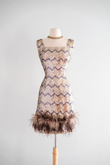 Vintage 1960's Zig-Zag Feather & Sequin Cocktail Dress / S