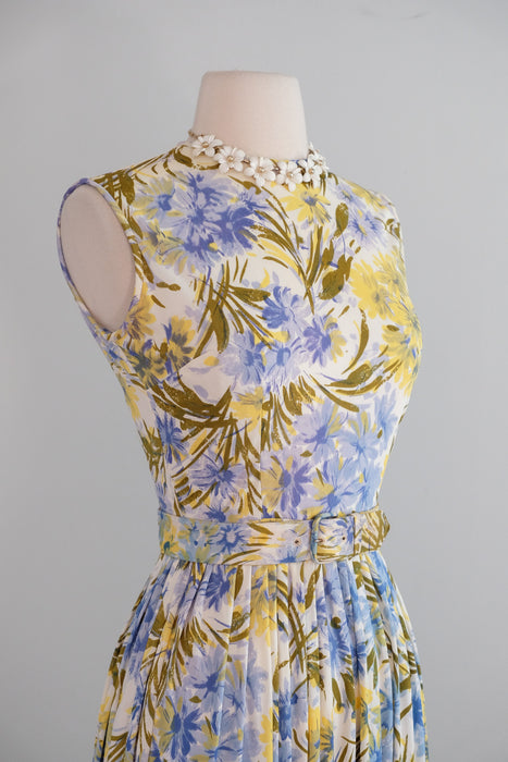 Vintage 1960's Blue & Yellow Daisy Bouquet Summer Dress / XS