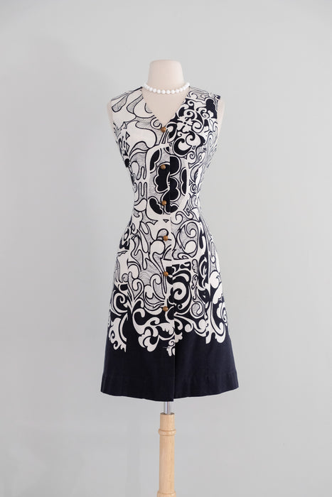 Vintage 1960's Black & White Textured Cotton Shift Dress by Andrade / M