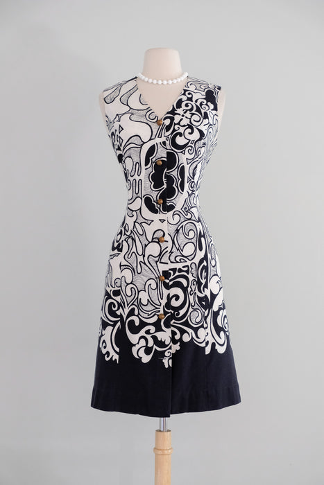 Vintage 1960's Black & White Textured Cotton Shift Dress by Andrade / M