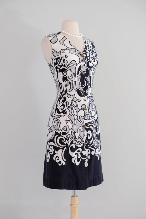 Vintage 1960's Black & White Textured Cotton Shift Dress by Andrade / M