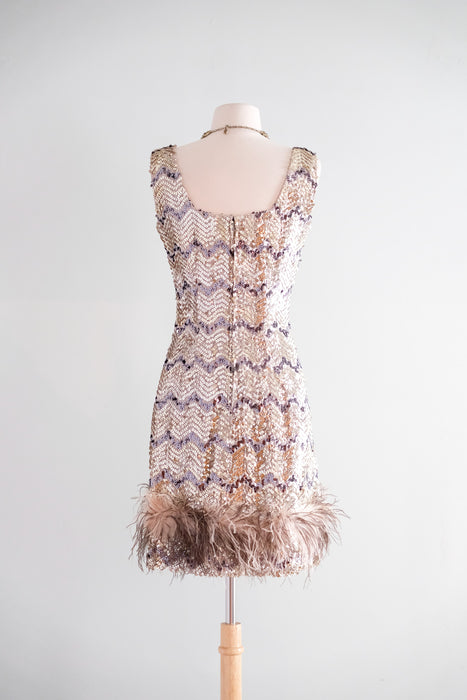 Vintage 1960's Zig-Zag Feather & Sequin Cocktail Dress / S