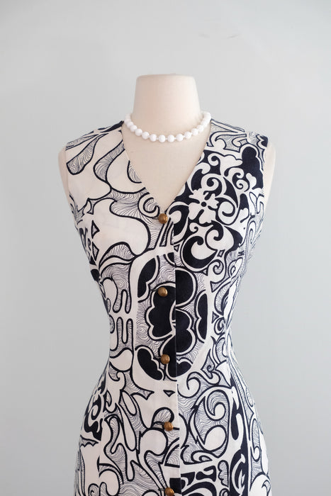 Vintage 1960's Black & White Textured Cotton Shift Dress by Andrade / M