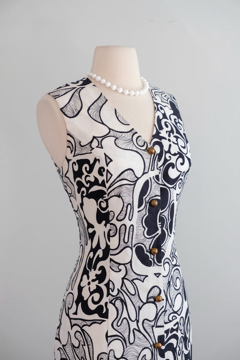 Vintage 1960's Black & White Textured Cotton Shift Dress by Andrade / M