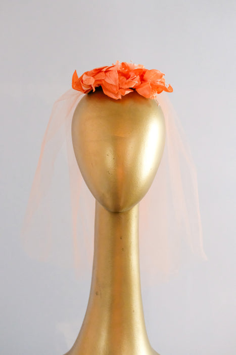 Beautiful 1950's Orange Crush Petals & Pearls Shoulder Length Veil Headpiece / OS