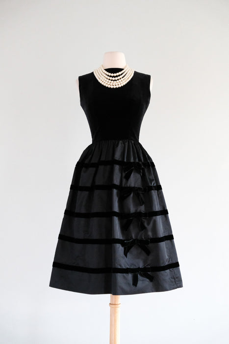 Vintage 1960's Black Velvet & Satin Bow Dress by Lanz / XS