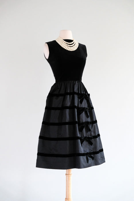 Vintage 1960's Black Velvet & Satin Bow Dress by Lanz / XS