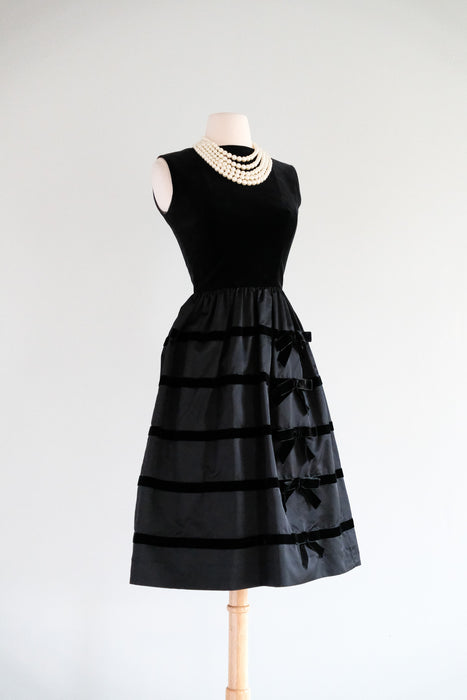 Vintage 1960's Black Velvet & Satin Bow Dress by Lanz / XS