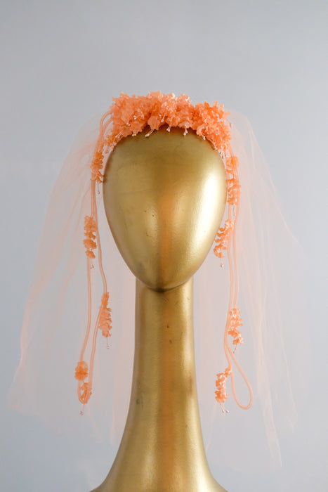 Lovely 1950's Coral Dreams Bell Flower Shoulder Length Veil Headpiece / OS