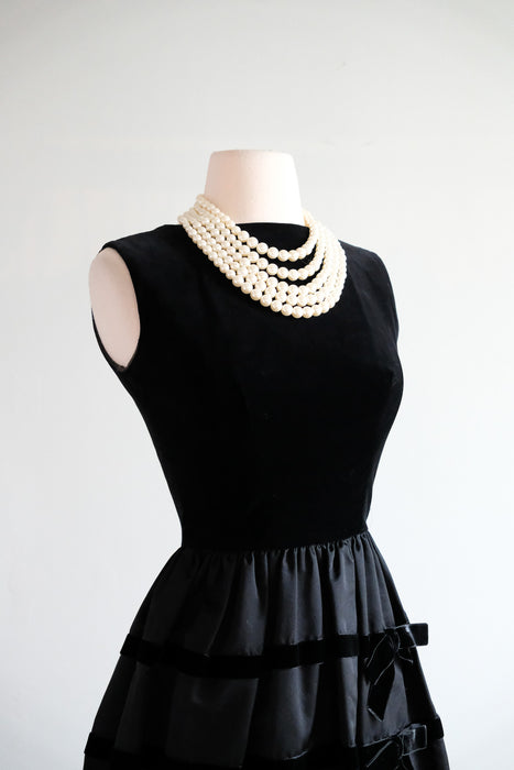 Vintage 1960's Black Velvet & Satin Bow Dress by Lanz / XS