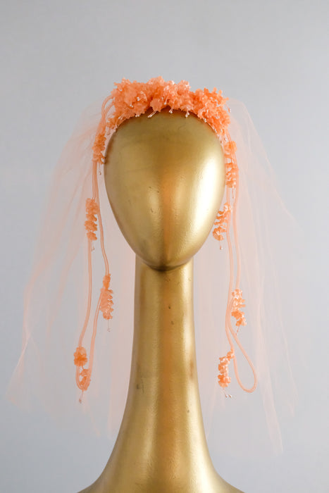 Lovely 1950's Coral Dreams Bell Flower Shoulder Length Veil Headpiece / OS