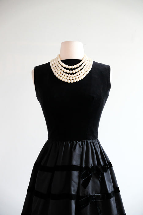 Vintage 1960's Black Velvet & Satin Bow Dress by Lanz / XS