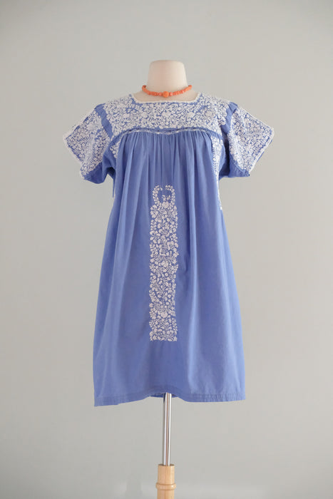 Vintage Hand Embroidered Periwinkle Cotton Mexican Huipil Style Mini Dress or Tunic / ML