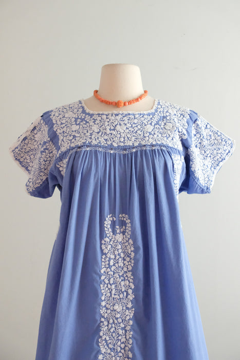Vintage Hand Embroidered Periwinkle Cotton Mexican Huipil Style Mini Dress or Tunic / ML