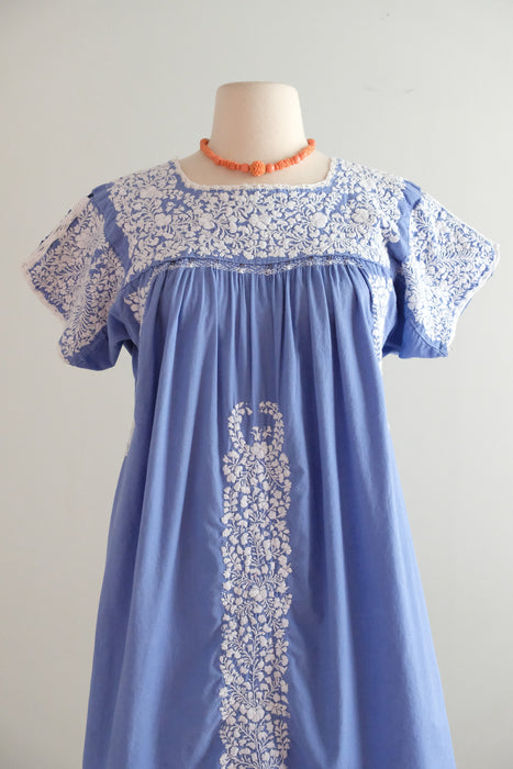 Vintage Hand Embroidered Periwinkle Cotton Mexican Huipil Style Mini Dress or Tunic / ML