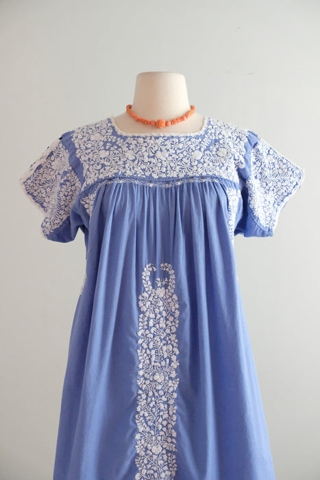 Vintage Hand Embroidered Periwinkle Cotton Mexican Huipil Style Mini Dress or Tunic / ML