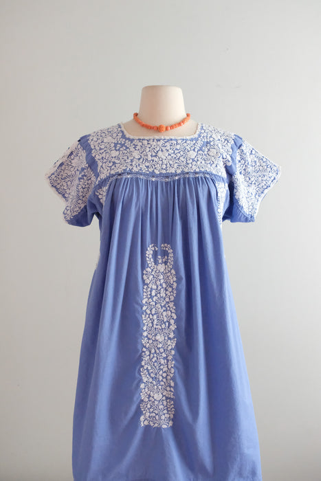 Vintage Hand Embroidered Periwinkle Cotton Mexican Huipil Style Mini Dress or Tunic / ML