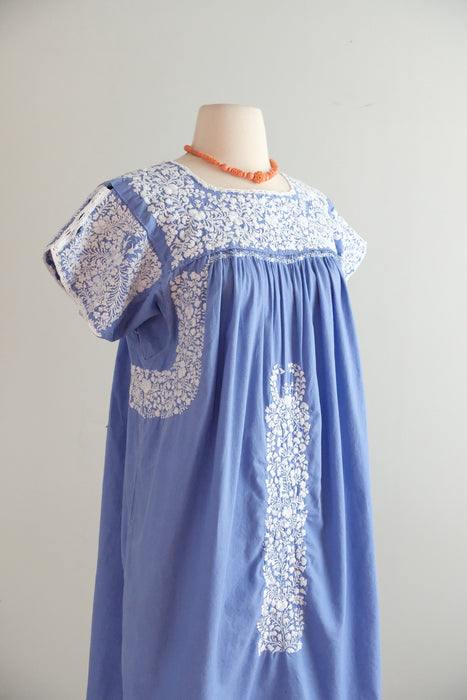 Vintage Hand Embroidered Periwinkle Cotton Mexican Huipil Style Mini Dress or Tunic / ML