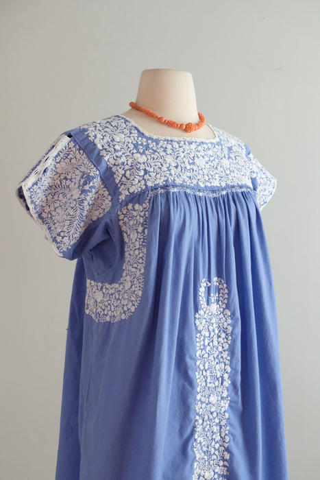 Vintage Hand Embroidered Periwinkle Cotton Mexican Huipil Style Mini Dress or Tunic / ML