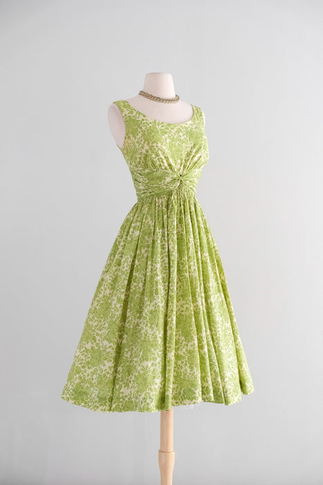 Stunning 1950's Bartlett Green Rose Print Cotton Dress / Small