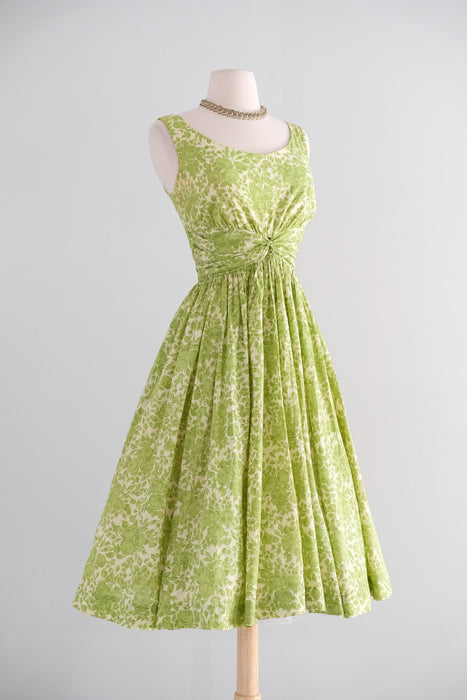 Stunning 1950's Bartlett Green Rose Print Cotton Dress / Small