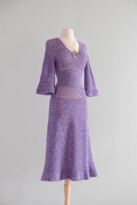 Coolest 1970's Lilac Crochet Knit Day Dress / Sz M