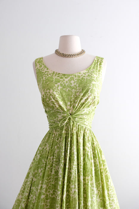 Stunning 1950's Bartlett Green Rose Print Cotton Dress / Small