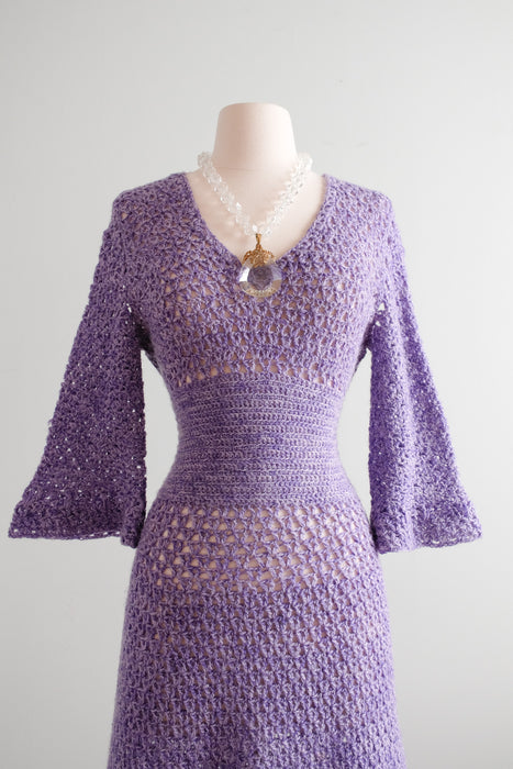 Coolest 1970's Lilac Crochet Knit Day Dress / Sz M