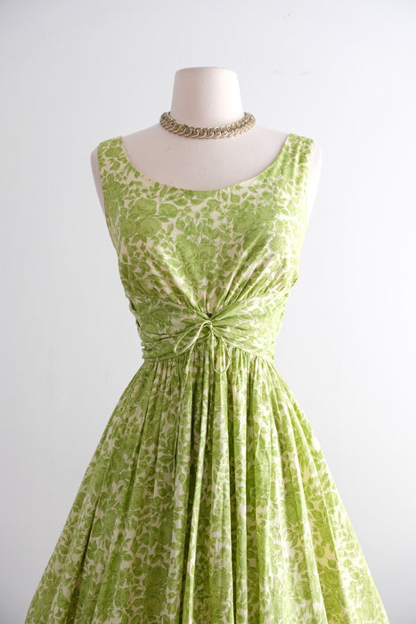 Stunning 1950's Bartlett Green Rose Print Cotton Dress / Small